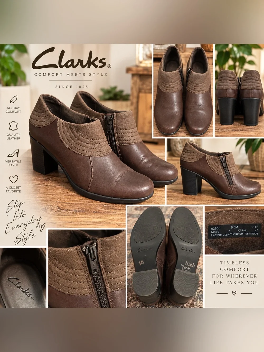 Clarks Brown Leather Ankle Boots Block Heel Side Zip Stitched Detail